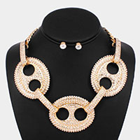 Rhinestone Embellished Abstract Triple Metal Link Necklace
